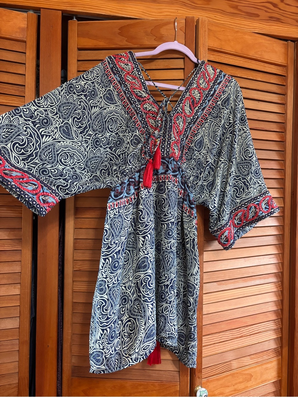 Women’s Navy Paisley Tie-Front dress with Red Embroidered Trim